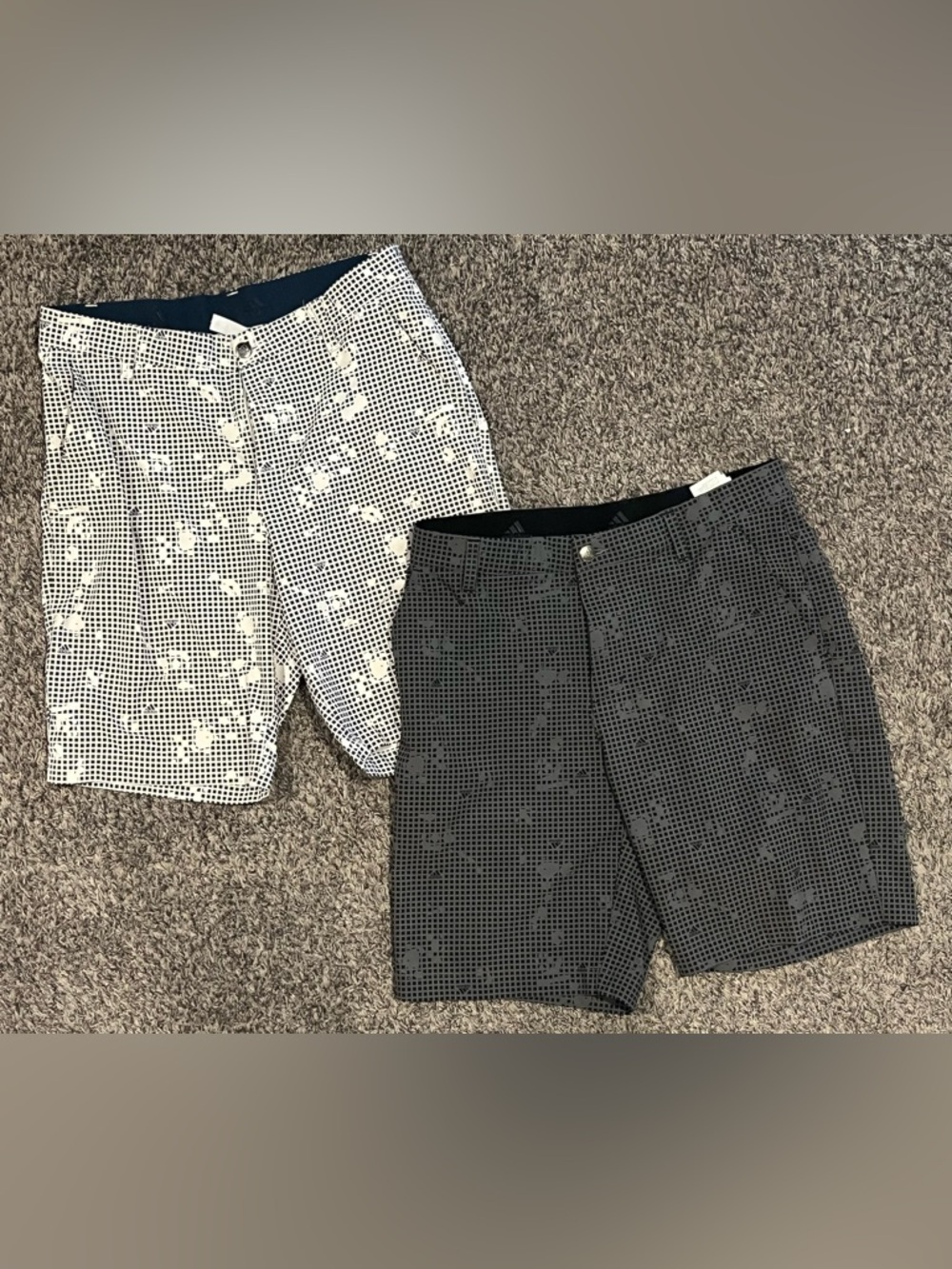 2 Adidas Men’s Golf Shorts — Black and Grey, Navy and White Grid Print size 30